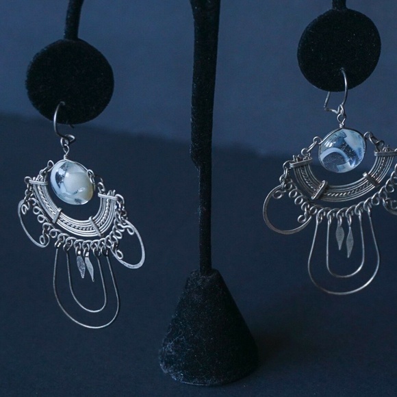 Silver Wire Moonstone Dangle Earrings 2" x 2-3/4" - Picture 3 of 8
